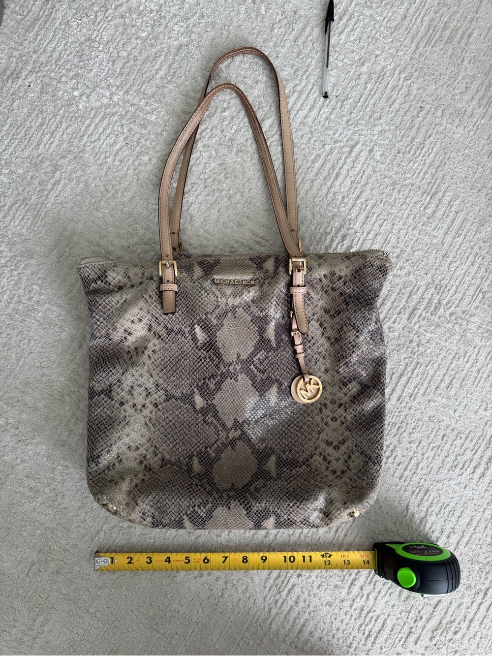 Michael Kors Taupe Snake-Print Tote with Gold Charm